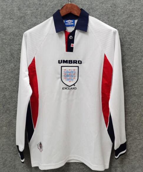 1998 England Retro Long Sleeve Home Kit Soccer Jersey